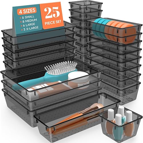 25 PCS Plastic Drawer Organizer, Versatile Organizer Trays & storage Bins | 4-Size Versatile Organizer Trays & storage Bins for Makeup, Jewelry, and Gadgets in Bathroom, Bedroom and Office, Clear Black