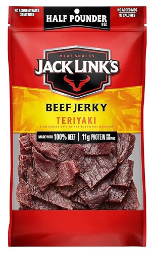 Jack Link's Teriyaki Beef Jerky Half Pounder - 8 oz Large Jerky Bag - Ready to Eat Real Meat Protein Snacks - 11g Protein per Serving - Made with 100% Real Beef