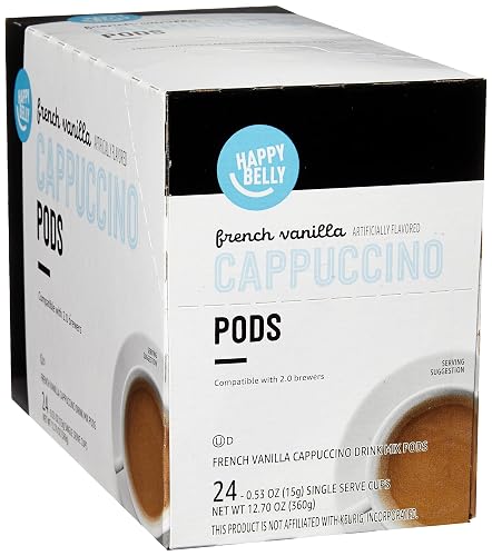 Happy Belly Cappuccino Coffee Pods Light Roast Compatible with 2.0 K-Cup Brewers, French Vanilla Flavored, 24 Count, 12.7 Ounce