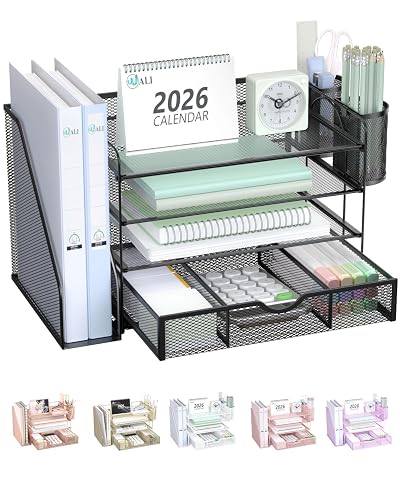 WALI Desk File Organizer, 4 Tier Desktop Paper Letter Tray Organizer with Drawer and 2 Pen Holders, Office Desk Accessories & Workspace Organizers for Office, Home Supplies(DO005DH-B), 1 Pack, Black