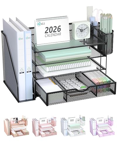 WALI Desk File Organizer, 4 Tier Desktop Paper Letter Tray Organizer with Drawer and 2 Pen Holders, Office Desk Accessories & Workspace Organizers for Office, Home Supplies(DO005DH-B), 1 Pack, Black