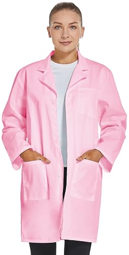 VOGRYE Womens Medical Lab Coat Three Pocket Long Sleeve Button Front White | Polyester blend machine washable long sleeves button front and three pockets for classroom laboratory and workwear