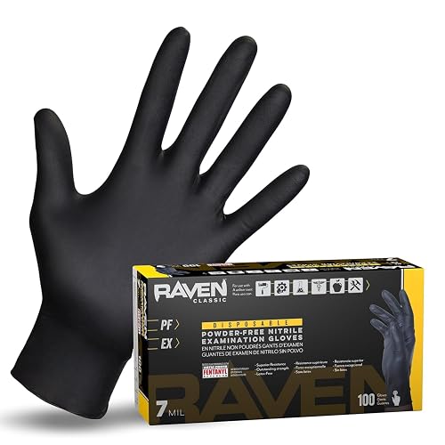 Raven Powder Free Nitrile Disposable Gloves | 7 Mil | Latex Free, Chemical + Puncture Resistant, Single Use |