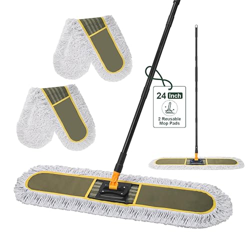 Ylebs 24" Commercial Dust Mop with 2 Replacement Mop Pads, 60.5 Inch | Heavy Duty Large Dust Mop for Hardwood Floors, Industrial Wet Dry Floor Duster for Office Garage Warehouse Factory Mall