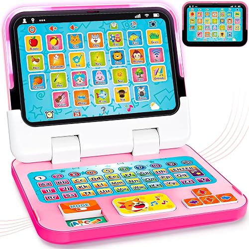 Kids Laptop Tablet for Toddler 1-3, 2-in-1 Toy Computer Learning Toys | Educational Toys with Lights Sounds for Baby 12-18 Months, 1st Christmas Birthday Travel Gifts for Girls 1 2 3 Year Old, Pink