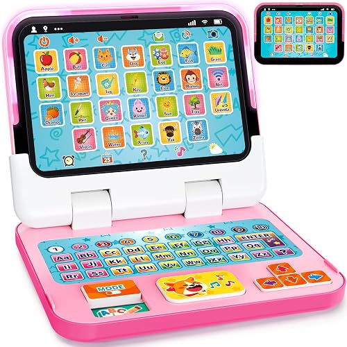 Toy Laptop Tablet for Ages 1-3, 2-in-1 Toy Computer Learning Toys | Educational Toys with Lights Sounds for 12-18 Months, 1st Christmas Birthday Travel Gifts for Girls 1 2 3 Year Old, Pink