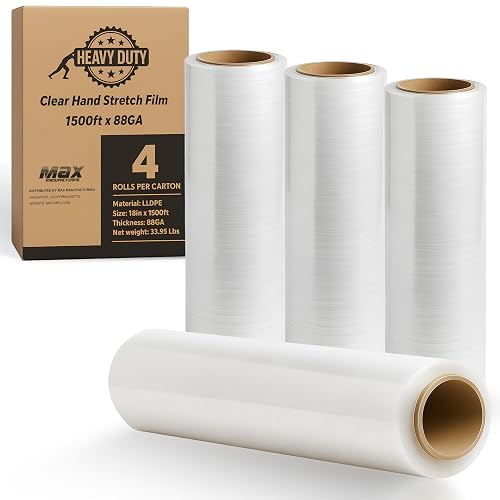 MAX MANUFACTURING Heavy Duty 18" Shrink Wrap Roll – Clear Stretch Wrap for Moving & Packing | 7 Layer 80 Gauge Industrial Strength 1500 Ft Length 20 Micron Thick Up to 800% Stretch | Box of 4 Rolls