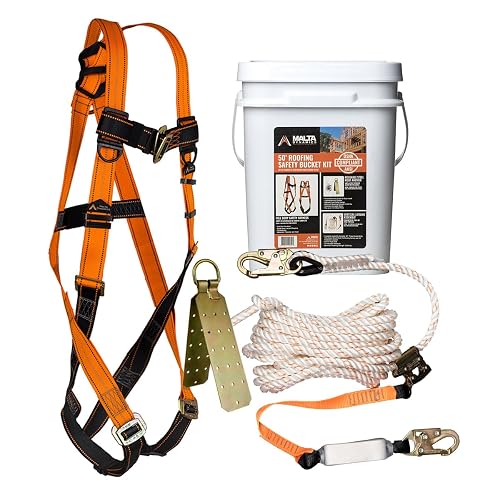 Malta Dynamics 50’ Roofer's Safety Bucket Kit – Warthog Pass-Thru Safety Harness, Reusable Roof Anchor, and 50’ Vertical Lifeline Assembly, OSHA/ANSI Compliant