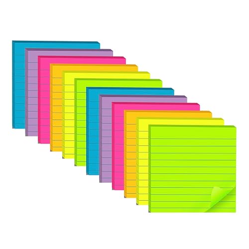(12 Pads) Lined Sticky Notes 4x4 in, 6 Bright Colors Self-Stick Note Pads | Strong Adhesive, 47 Sheets/Pad