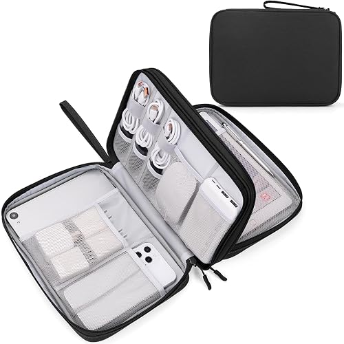 FYY Electronic Organizer, Travel Tech Pouch Bag, Extra Large, Black | Wrist Strap, Waterproof, Double Layers Electronics Travel Case for iPad, Cord, Laptop Charger, Daily and Business Trips Use