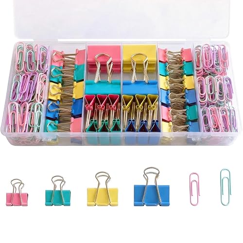276Pcs Paper Clips and Binder Clips Assorted Sizes，Colored Binder Paper Clips Office Clips Office Supplies, Large Medium Small Paper Clamps PaperClips for Home School Business in a Container (Colored)