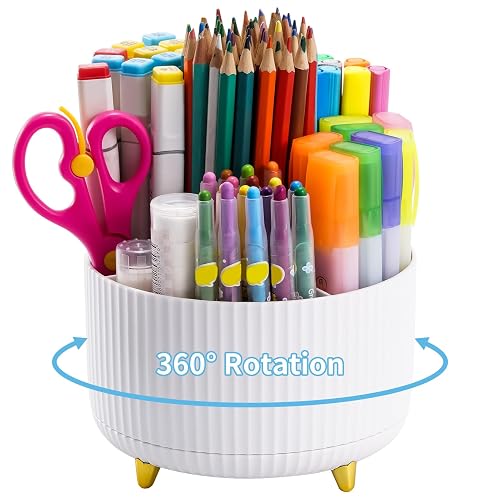 Marbrasse Desk Organizer, 360-Degree Rotating Pen Holder, Desk Organizers and Accessories with 5 Compartments Pencil Holder, Art Supply Storage Box Caddy for Office, Home（White）