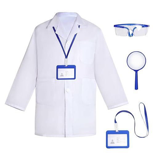 mifengda Doctor Scientist Costume Kids Lab Coat and Goggles Children Dress Up Kit with ID Card Magnifying Glass for Halloween