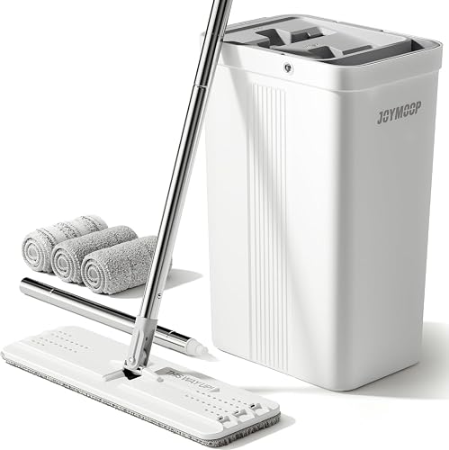 JOYMOOP Flat Mop System, Microfiber Mop and Bucket Set, White, Household & Commercial Floor Cleaning Mop with Long Handle, Includes 3 Microfiber Pads