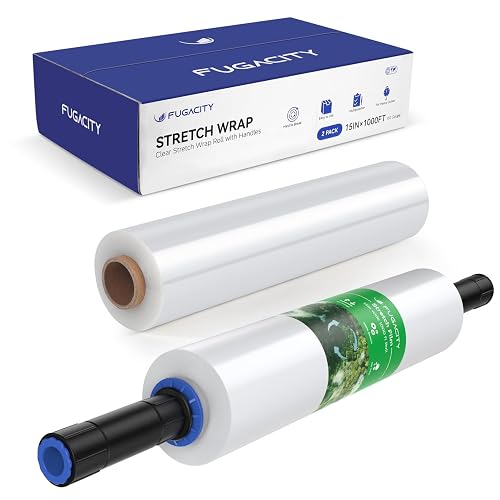 FugaCity Shrink Wrap-2 Rolls with Handles 15 inch W 1000ft L Heavy Duty Stretch Wrap,60 Gauge 500% Stretch Industrial Strength | Shrink Wrap 500% Stretch Industrial Strength Moving Supplies for Pallet Wrap, Furniture Wrapping Moving & Protection