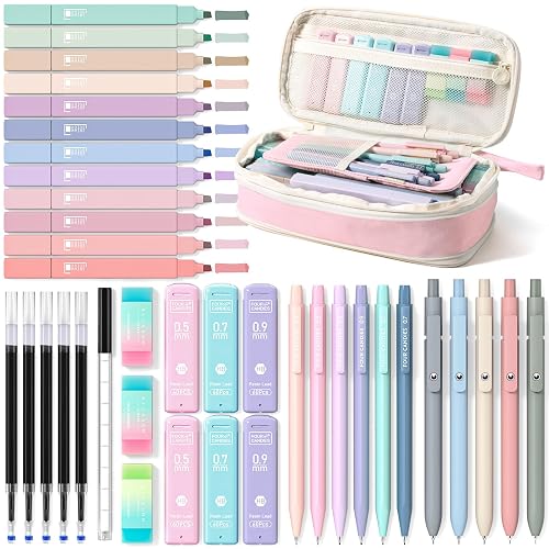 Four Candies School Supplies with Cute Pencil Case, 39ct, Pink | Back to School Stationery Set, Essentials for College & Nursing Students, 5 Gel Pens, 6 Mechanical Pencils, 12 Highlighters