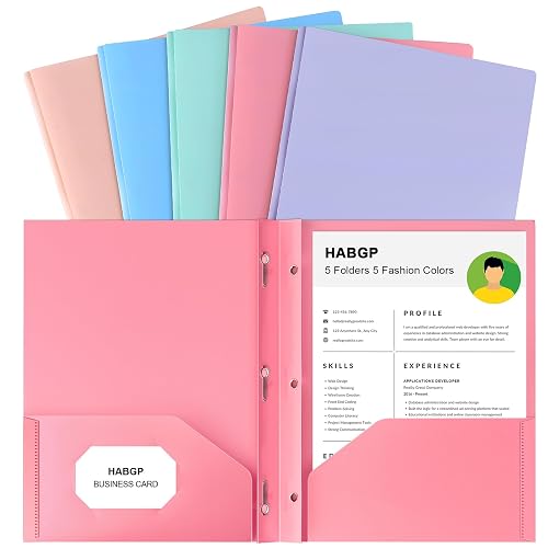 2 Pocket Folder with Prongs (5 Pack, Pastel), Plastic Folders with Pockets | Pastel Colors, Business Card Holder, Fit Letter Size, Organizing Papers, in School, Office, Business