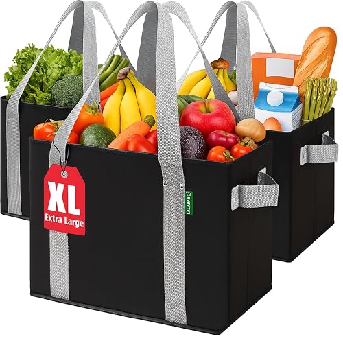 Reusable Grocery Bags (3 Pack ) - Heavy Duty Eco Tote Bags with Box Shape to Stand Up, Hold Up to 65 Lbs - Stay Open & Fold Flat - Foldable Reusable Shopping Bags with Long Handles & Hard Bottom