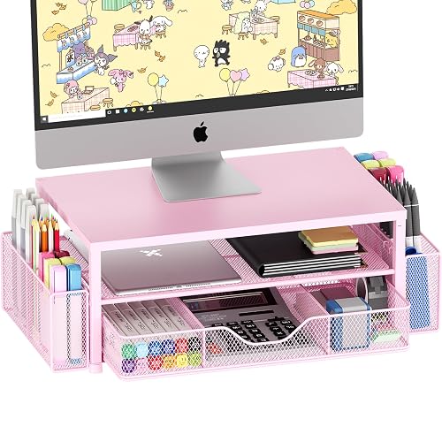 OPNICE Desk Organizer and Accessories, 2-Tier Computer Monitor Stand Riser with Drawer and 2 Pen Holders, Laptop Stand, Office Desk Accessories for Office Supplies, 1 Pack, Pink