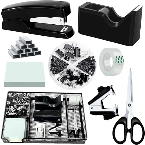 Black Desk Organizer Set, Office Supplies with Stapler and Tape Dispenser | Includes Desk Drawer Organizer,Tape, Staples, Staple Remover, Paper Clips, Scissors and Sticky Notes for a Neat Workspace