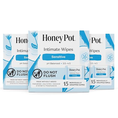 The Honey Pot Company - Feminine Wipes - Sensitive - Individually Wrapped | pH Balancing, Herbal Infused Plant-Based Feminine Care - Great for Travel & Period Kits - 15ct, Pack of 3