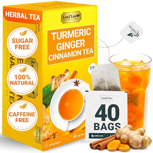 LeafLea Turmeric Ginger Cinnamon Tea Bags, 40 Ct Caffeine-Free Herbal Tea | Individually Foil-Wrapped for Freshness, 100% Natural Blend, No Sugar, Vegan, Non-GMO, Warming Golden Cup for Wellness
