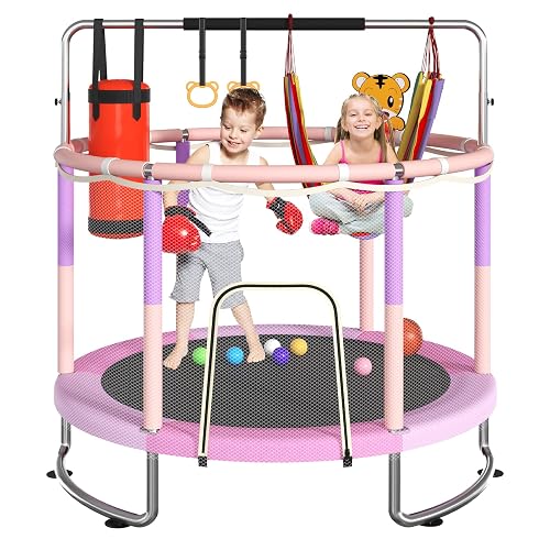 Trampoline for Kids, Upgrade Full Anti-Rust 440lbsToddler Trampoline with Net,Upgraded Ring Legs with Adjustable Gymnastics Bar&Toys, Gifts for Ages 1-8 Boys&Girls