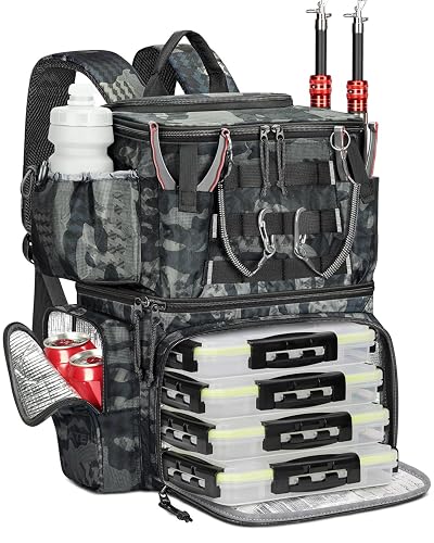 MATEIN Fishing Backpack with 4 Tackle Boxes, Fishing Bag with Rod Holder | 3600 Tackle Box 4 Pack, Water Resistant Tackle Backpack with Cooler Compartment, Safety Compass, Gifts for Fishermen