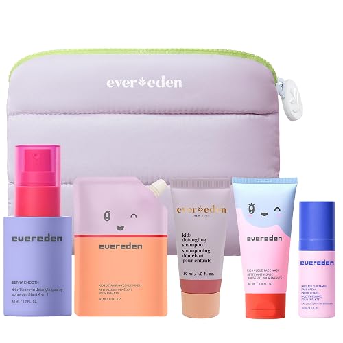 Evereden Kids Travel Set, 5-Piece Skin & Hair Care, TSA-Friendly, Kids 3+ | Dermatologist-Tested, Travel Size Kids Face Cream, Face Wash, Kids Shampoo, Conditioner & Detangling Spray With Travel Bag