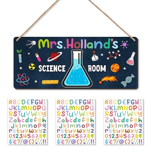DIY Custom Science Teacher Welcome Sign – Wooden 5x12in Door Hanger with Beakers, Bottles & Atom Icons, Includes 1in Letter Sheets– Science Teacher Gift for Classroom or Lab Décor