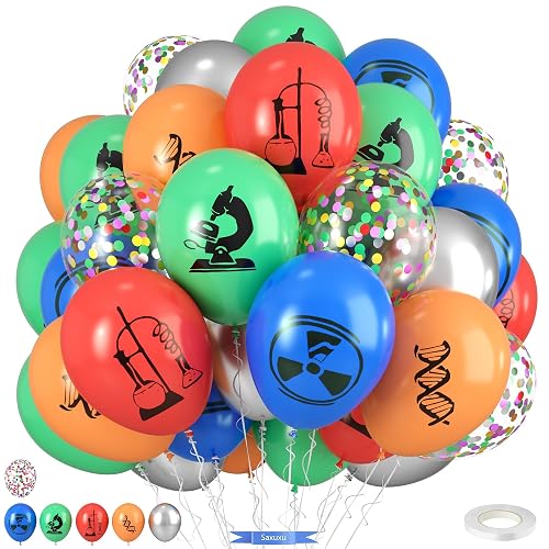 Science Party Balloons, 12 Inch Dark Light Blue Red Green Orange Metallic Silver Colorful Confetti Party Balloons for Boy Girl Science Birthday Party Decorations Baby Shower Lab Classroom Backdrop