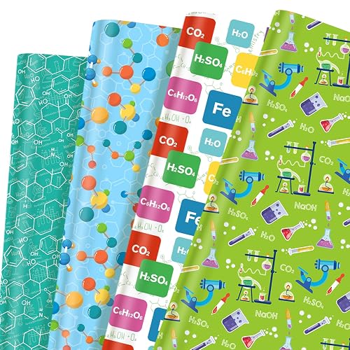 12 Sheets Science Chemistry Wrapping Paper, Science Educational Gift Wrap with Chemistry Molecule Microscope Pattern for Birthday Graduation Lab Party Educational School Projects, 19.7" x 27.6"