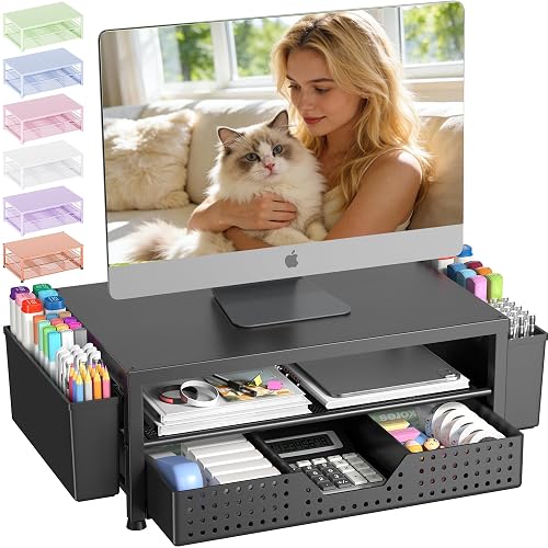 OPNICE Desk Organizers and Accessories, Computer Monitor Stand Riser with Drawer and 2 Pen Holders, Printer & Laptop Stand, Office Desk Accessories & Workspace Organizers for Home Office Supplies, Black