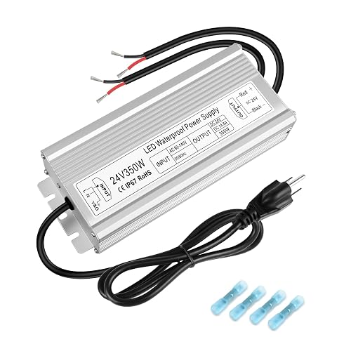 24V 350W LED Power Supply, IP67 Waterproof LED Driver, Low Voltage Transformer, AC 90-140V to DC 24V 14.6A Converter with 3-Prong Plug 3.3 Ft Cable for Outdoor LED Light, Landscape Light, Industrial