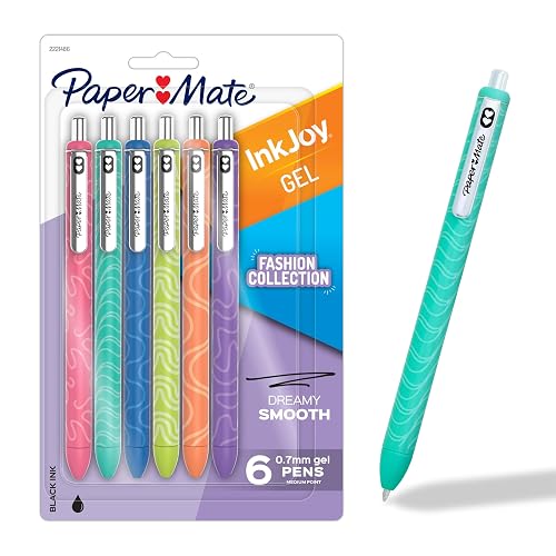 Paper Mate InkJoy Gel Pens, Fashion Barrels, Retractable, Medium Point (0.7mm), Smooth Writing, Black Ink, 6 Count - Trendy Office Supplies