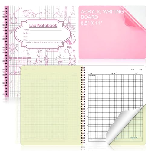 Affrolling 1 Pack Carbonless Lab Notebook Carbon Copy 8.5'' x 11'' 50 Sets of Pages 103 Pages Total Laboratory Engineering Chemistry Computation Notebook Science Grid Coil Binding(Pink and White)