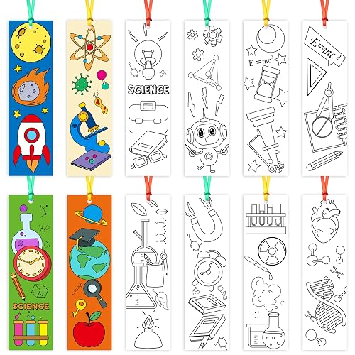72Pcs Science Color Your Own Bookmarks, Coloring Blank Bookmarks for Kids | Funny Chemistry lab Astronaut DIY Coloring Bookmark Classroom Art Craft Supplies for Teachers Students Birthday Party Gifts