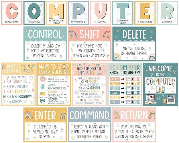 19pcs Computer Lab Poster Computer Science Posters Boho Classroom Rules Decoration Inspirational Technology Digital Keyboard Shortcuts Education Chart PC Decor Wall Art Back to School Teacher Supplies