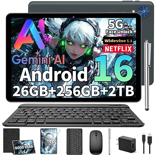 2026 Android 16 Tablet with Keyboard, Gemini AI 10 Inch Tablet, Black Case | 26GB+256GB+2TB Expand, 2-in-1 Tablets with 8-Core, WiFi, 8000mAh, GMS, GPS, Electronic Tablets PC with Mouse, Case, Stylus