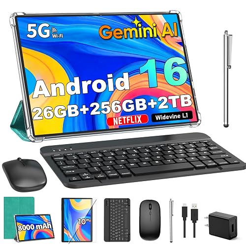 Gemini AI Android 16 Tablet with Keyboard, 2026 10 inch Tablet (Green) | 26GB+256GB+2TB Expand, Electronic Tablet PC with 8-Core, 5G WiFi, 8000mAh, GPS, GMS, 2 in1 Tablet with Case, Mouse, Stylus