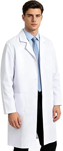 BOXPATH White Lab Coat Men,Doctor Costume Adult,Halloween Costumes for Men | Medical Lab Coat,Thick,3 Pocket,Long Sleeves,Knee Length,Wrinkle Free, Machine Washable,Doctor Coat for Classroom,Lab,Science