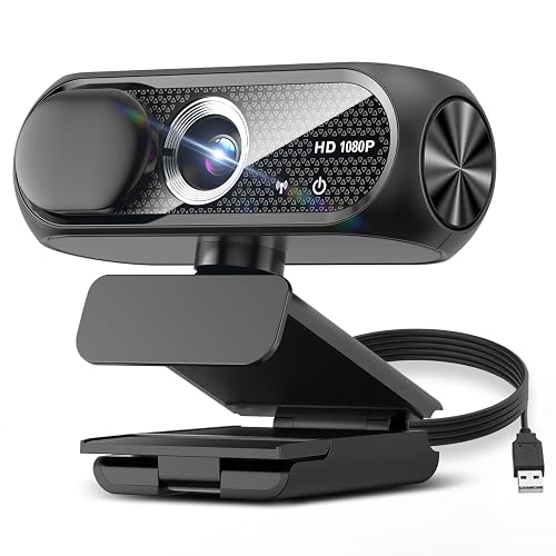 Shcngqio 1080P HD Webcam with Microphone, Noise Cancellation, Privacy Cover, Wide-Angle Lens, Auto Light Correction, Plug & Play USB Webcam for Laptop, Desktop, PC, Mac, Zoom, Skype, Streaming (Black)