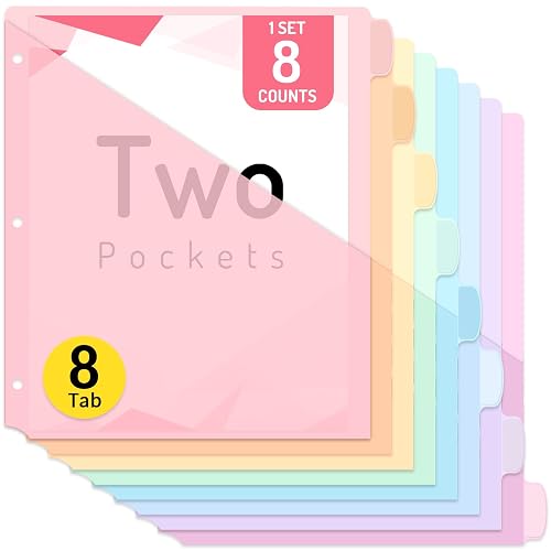 Forvencer 8 Count Dividers with Two Pockets, 8 tab Binder Dividers | Binder Organizer, Binder Divider with Tabs for School Office and Home Organization, Multicolor, 1 Set