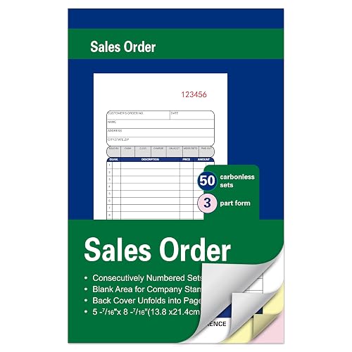Large Sales Order Books,3-Part Carbonless,5-7/16 x 8-7/16 Inches,50 Sets | White/Canary/Pink,3-Part Carbonless Sales Order Forms & Receipts,for Work Orders,Service Reports,Business Invoices & Records