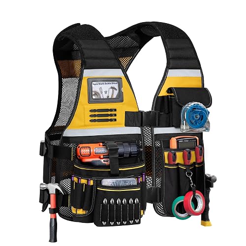 Trahzia Electrician Tool Vest for Men, Carpenter Safety Work Vest | Reflective Strap, Multiple Pockets, Adjustable & Padded Shoulder Straps, Ideal For Electrician, Carpenter, Construction