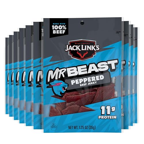 Jack Link's MrBeast Beef Jerky, Peppered Beef Jerky - 10 Count | As Seen on Beast Games, 11g Protein, Made with 100% Real Beef, Pantry-Ready Snacks