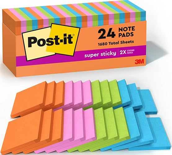 Post-it Super Sticky Notes, 3 x 3 in, Neon Fizz, 24 Pads, 70 Sheets/Pad | School Supplies and Oﬃce Supplies, 2X the Sticking Power