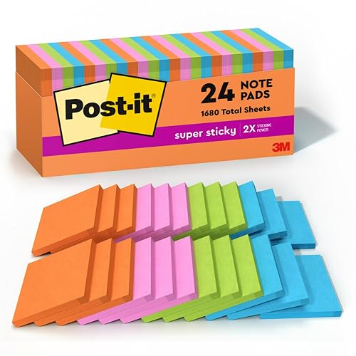 Post-it Super Sticky Notes, 3 x 3 in, Neon Fizz, 24 Pads, 70 Sheets/Pad | School Supplies and Oﬃce Supplies, 2X the Sticking Power