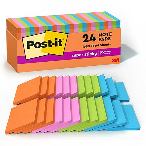 Post-it Super Sticky Notes, 3 x 3 in, Neon Fizz, 24 Pads, 70 Sheets/Pad | School Supplies and Oﬃce Supplies, 2X the Sticking Power