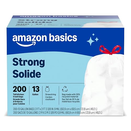 Amazon Basics Trash Bags, Tall Kitchen Drawstring, Unscented, 13 Gallon, 200 Count, Pack of 1, Packaging May Vary
